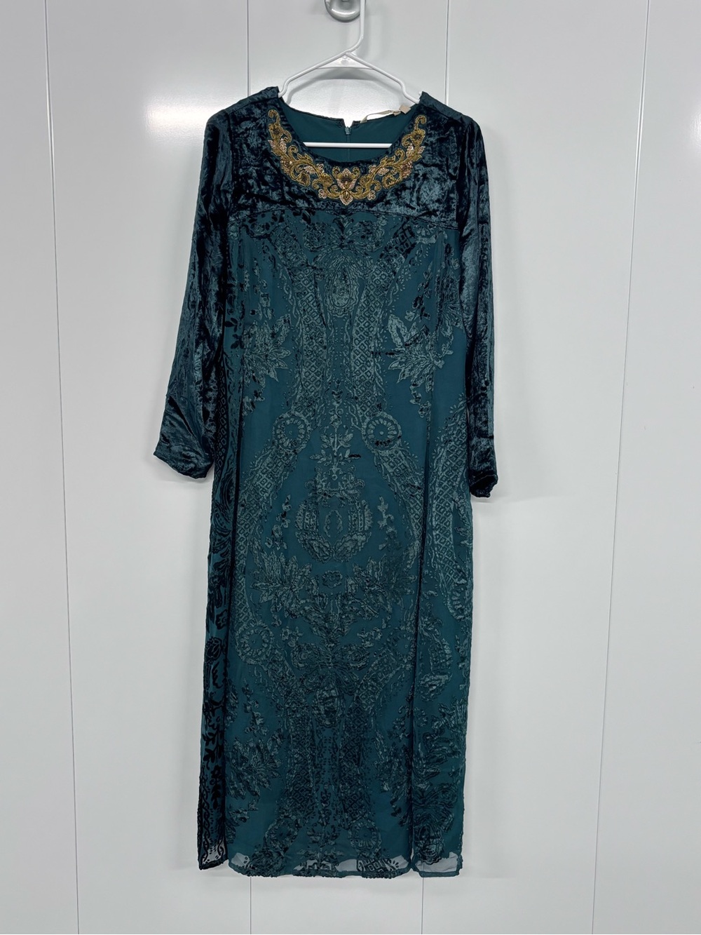 Soft Surroundings Burnout Velvet Dress Petite Small PS Green Beaded Neck